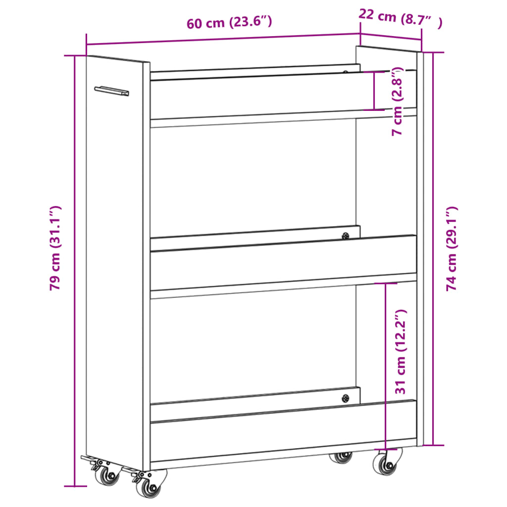 Cabinet with Casters Sonoma Oak Finish 60 X 22 X 79 Cm Engineered Wood