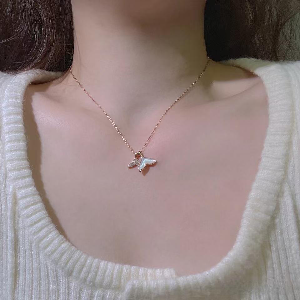 925 Sterling Silver Mermaid Tail Shell Necklace with Diamond Pendant for Women - Fashionable Clavicle Chain Jewelry
