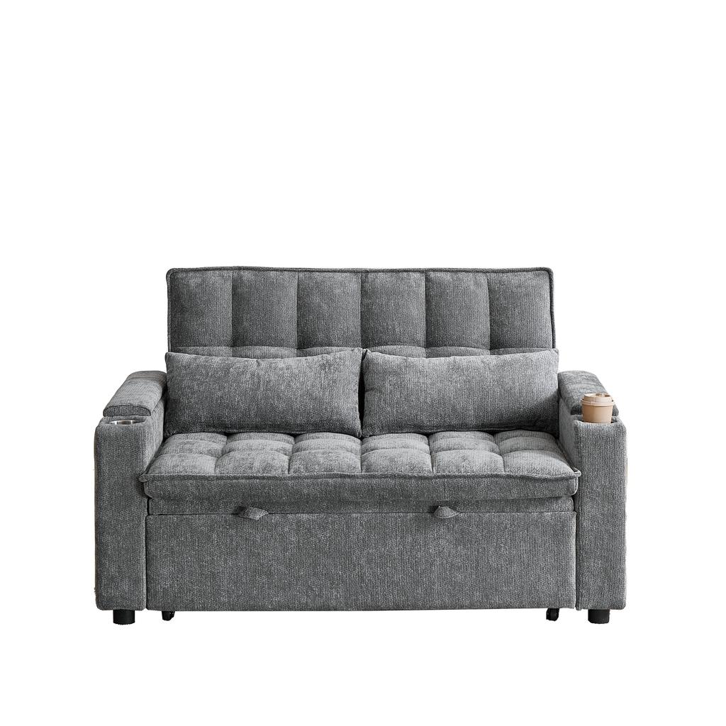 Um sofá-cama 3 em 1 com 142 cm de largura, função de reclinação, almofadas de assento e encosto macias como nuvens, duas almofadas lombares, arrumação, porta-copos