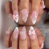 24 Pcs White French Tip Press On Nail Almond Shape Acrylic Nail Flowers Full Cover Stick On Nail 3D Bows False Nail