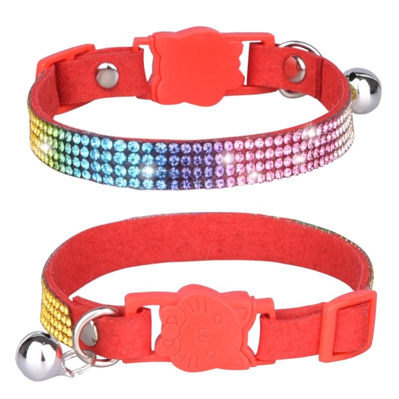 Pet Collar Shiny Rhinestone Color Anti-bridle Suede Soft and Comfortable Bell Style Cat Leash Collar