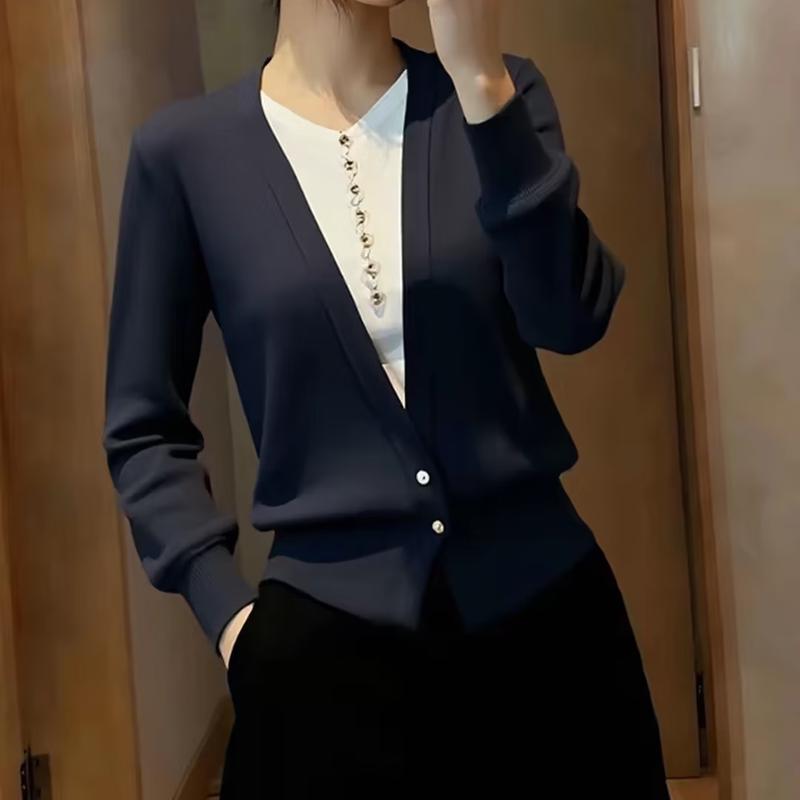 ZOSOUL Damen V-Ausschnitt Faux Two-Piece Schlank geschnittener Strickpullover