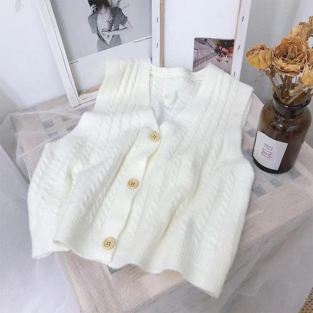 Korean Retro Cable Knit Vest Women V Neck Sweet Pastel Sleeveless Sweater Waistcoat Wholesale