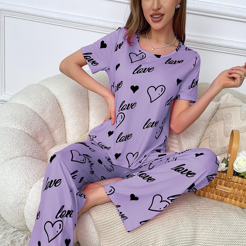 Pajamas Suit Milk Silk Love Full Print Short Sleeve Long Pants Set Ladies Homewear