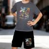 Boys 2 Piece Colorful Graffiti Printed outfit, Short Sleeve T-Shirt and Shorts Set for Kids Age 5-14,Black ,White Sporty Casual Summer Clothes