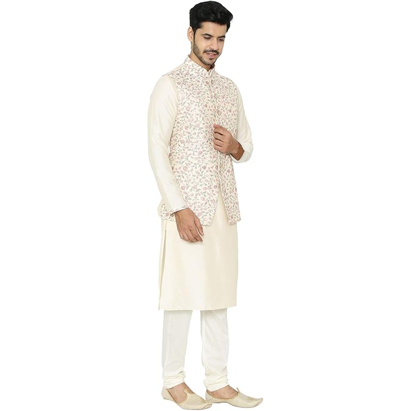 Manyavar Men s Silk Blend Other Kurta Pyjama with Waist Coat (JAST158_Cream_XL) XL кремовый