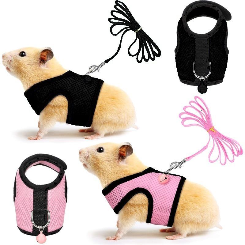 

2 предмета одежды для морских свинок, детенышей хорьков, крыс, хомяков, мягкая сетчатая шлейка, поводок, жилет с колокольчиком для морских свинок, хомяков, хорьков, кроликов, шиншилл S чёрный/розовый