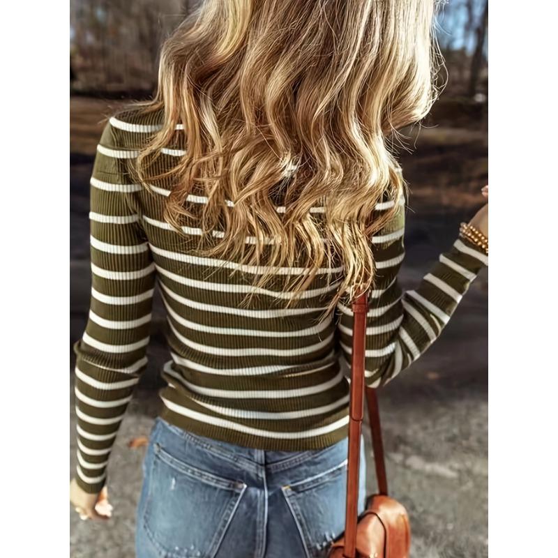 Women's New Autumn Long Sleeve Fashion V-Neck Striped Casual Top