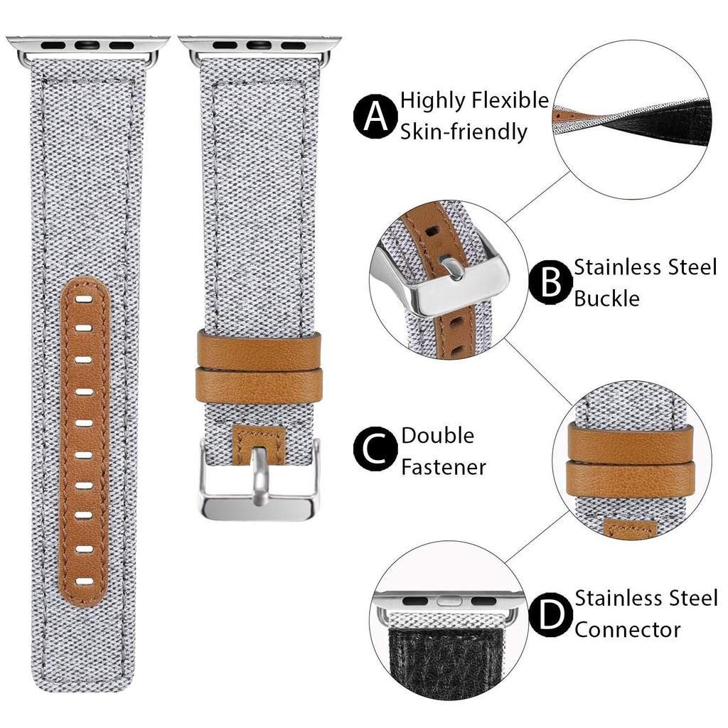 Watch Strap for Apple Watch Series 10 Ultra 9 8 7 SE 6 5 4 3 2 1 46mm 49mm 45mm 44mm 42mm Canvas+Genuine Cow Leather Band