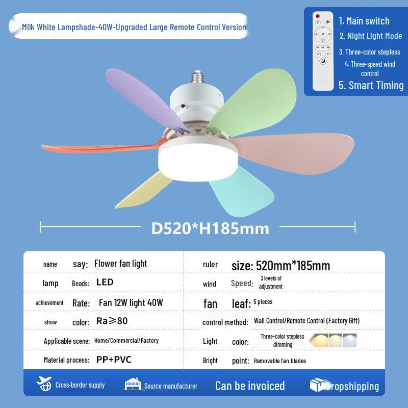 Ferngesteuerte LED-Blumen-Ventilatorleuchte mit E27-Sockel und stufenloser Dimmung für Zuhause
