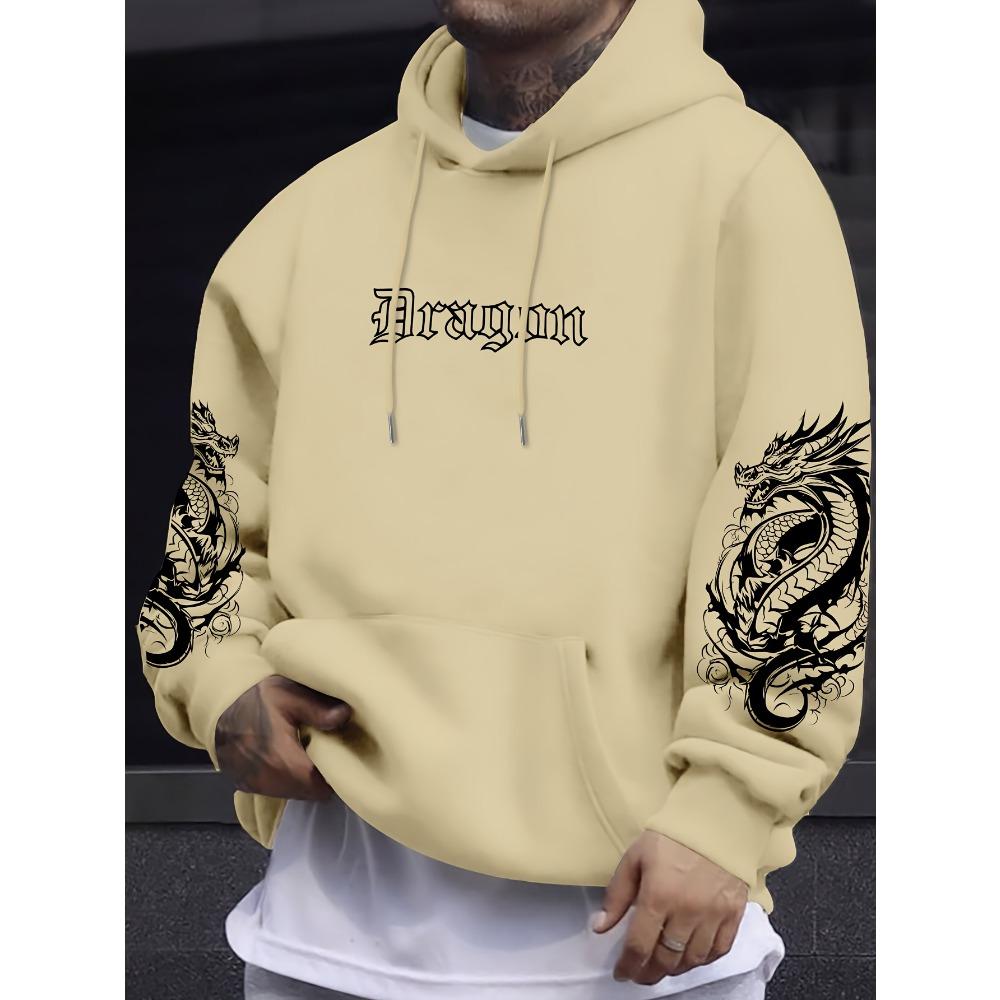 Dragon Element Print Pocket Hooded Sweatshirt Is Suitable for Daily Holiday Outdoor Wear, Autumn And Winter Thickened Men'S Print Hoodie