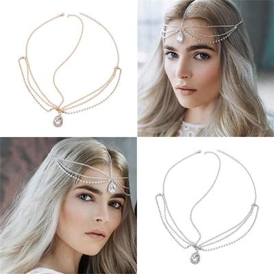 Gold Color Turban Headwear Head Chain Wedding Jewelry Crystal Rhinestone Water Drop Pattern