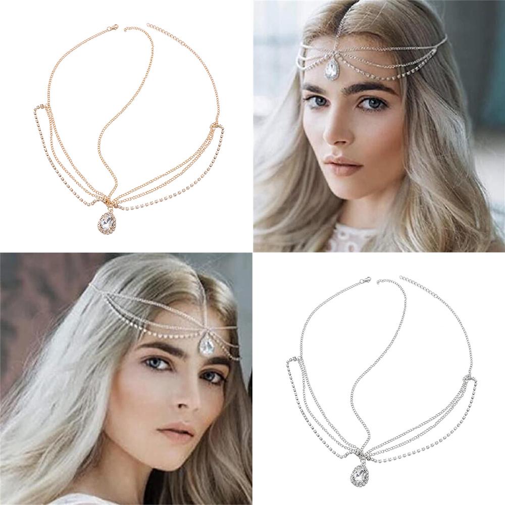 Gold Color Turban Headwear Head Chain Wedding Jewelry Crystal Rhinestone Water Drop Pattern