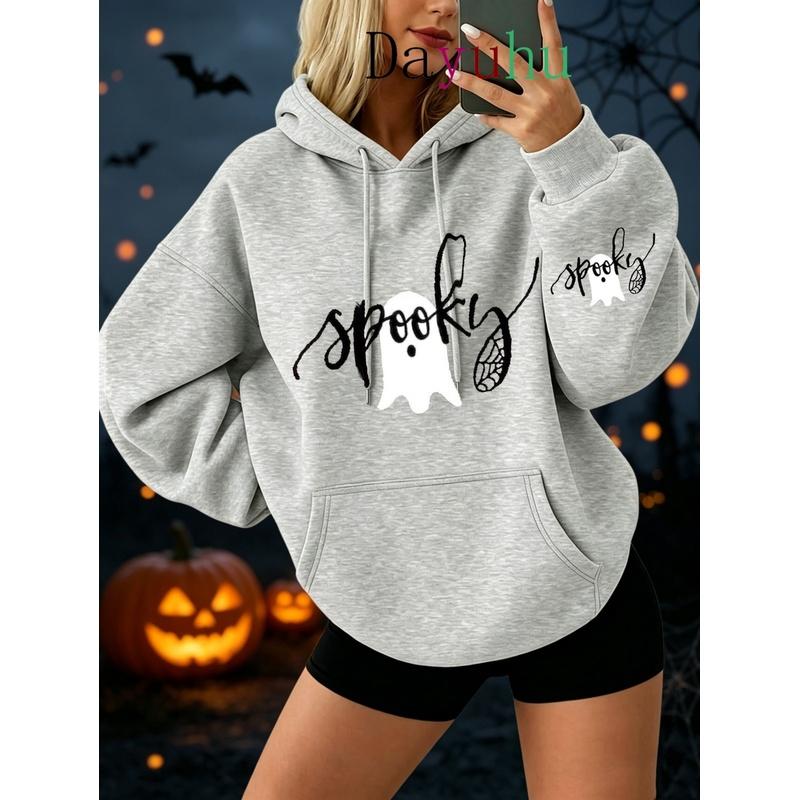 Female Oversized Streetwear Pullover Hoodie Halloween Spooky Ghost Print Autumn Winter Lounge Wear Women Clothes