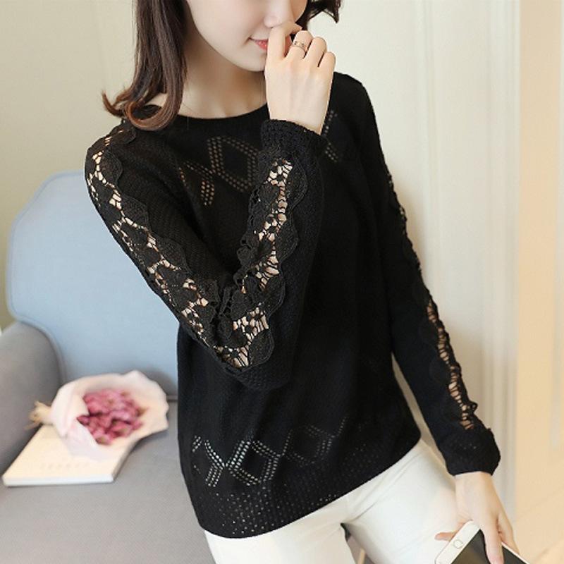 

Круглый вырез горловины ажурный трикотажный пуловер женский однотонный свитер с длинными рукавами свободный повседневный стиль Харадзюку весна осень one size чёрный