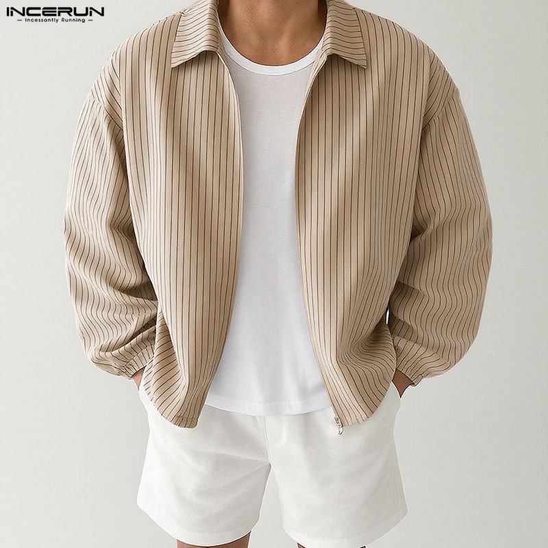 INCERUN Oversized Men Long Sleeve Striped Print Shirts Casual Loose Button Tops