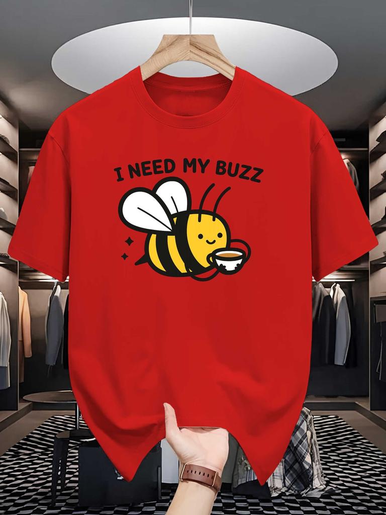 Unisex Crew Neck Tee Cute Bee Holding Coffee Letter Text Print Soft Cotton Loose Short Sleeve Summer Casual Male Streetwear Tops