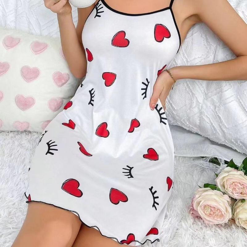 Women Sexy Lingerie Slip Nightdress Round Neck Sleep Dress Split Thigh Nighties Soft Nightgown Heart Printed Loungwear Sleepwear