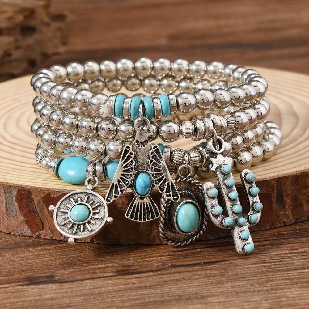 Türkis Schmuck, Damen Armbänder, Böhmische Türkis Retro Perlenarmbänder, Gestapeltes Set Armbänder.