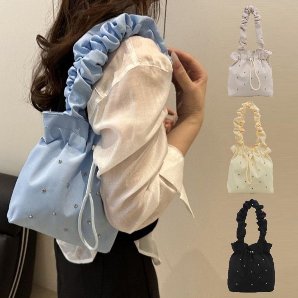 Versatile Nylon Shoulder Bag Sweet Drawstring Handbag Stylish Pleated Tote Bag Female