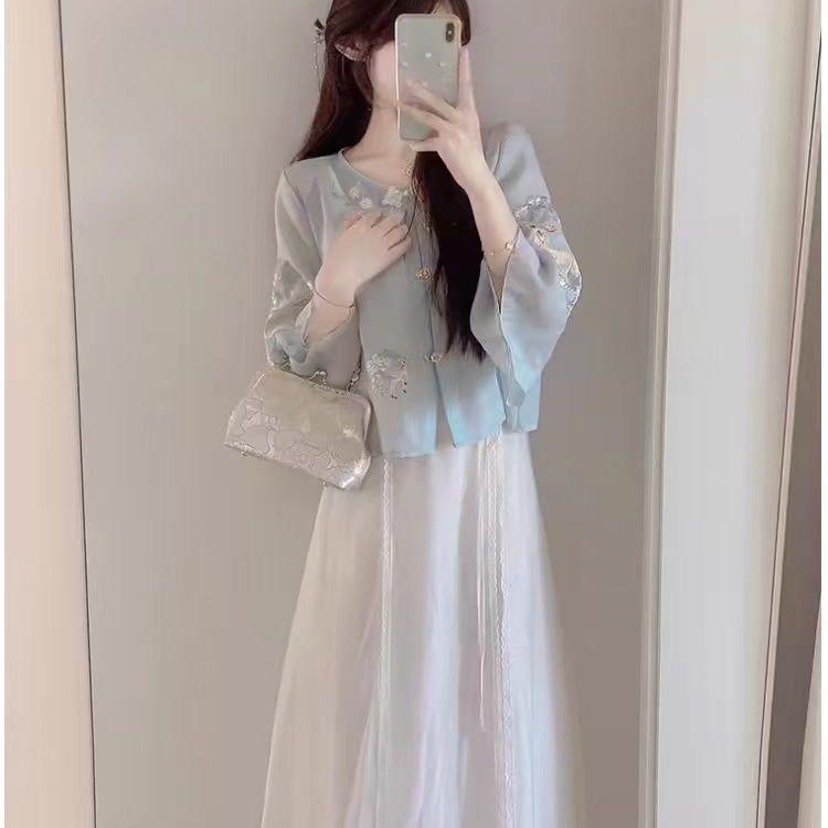 Women's Summer Hanfu Set: Embroidered Top & Dress Two-Piece - New Chinese Style for Tea Ceremony