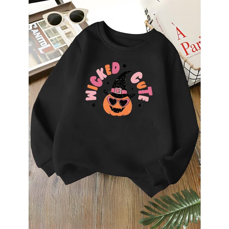 Kids Unisex Crewneck Sweatshirt, Wicked Cute Witch Pumpkin Heart Sunglasses Halloween Print Soft Fleece Pullover, Suitable For Kids Over 4 Years Old