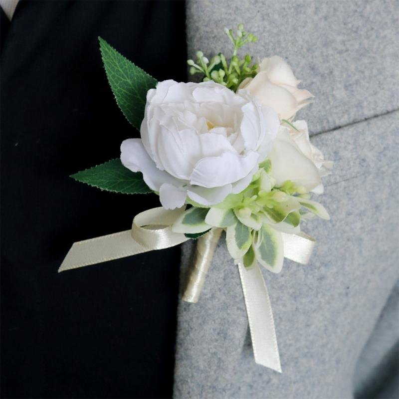 5Pcs Wrist Corsages Bracelets Artificial Rose Boutonniere for Grooms and Bride Wedding Party Proms Suit Decorations
