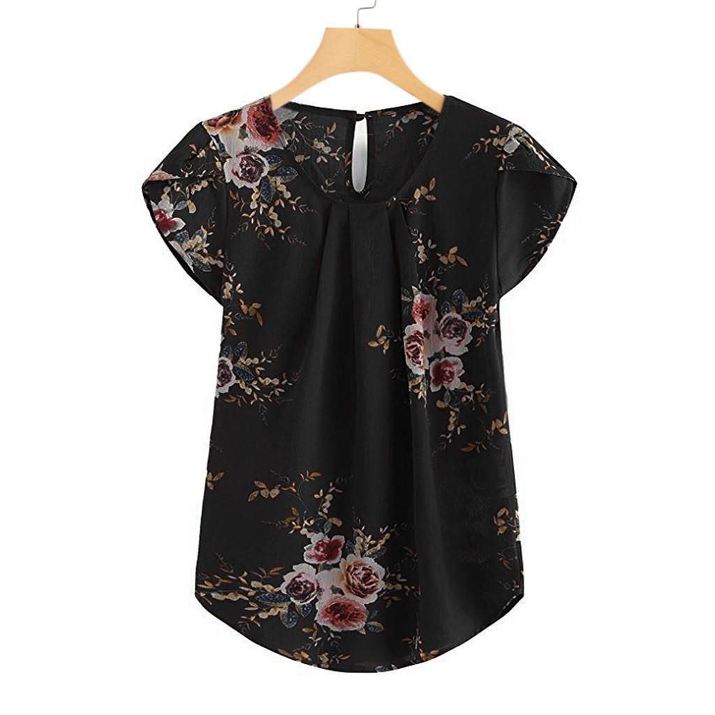 Women Casual Round Neck Basic Floral Pleated Top Cap Short Sleeve Shirt Blouse