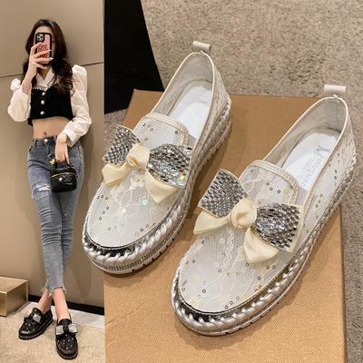 Fashion Women's Sandals 2025 Summer New Chunky Bottom Soft Hollo Out Mesh Flat Shoes Rhinestone Bow Breathable Sneakers Zapatillas Mujer