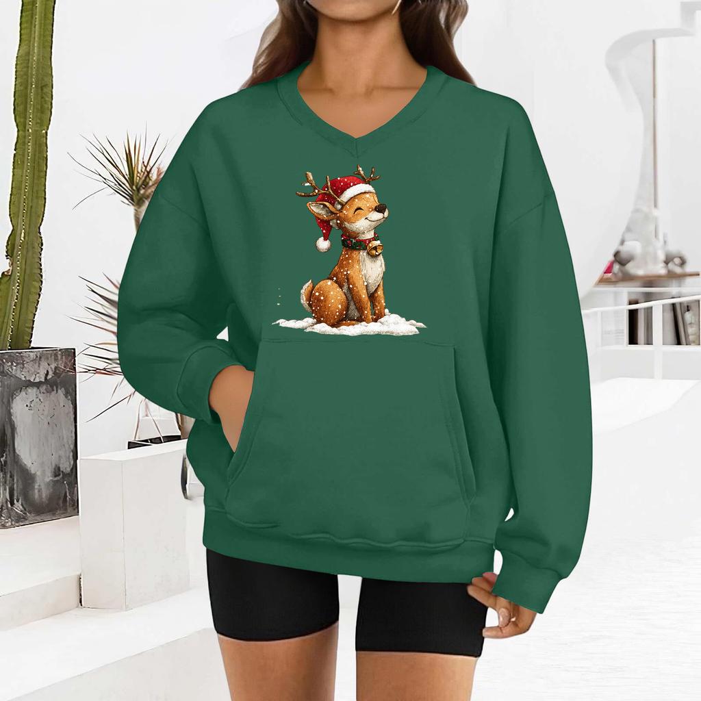 Women's Fashionable Christmas Print Long-sleeved V-neck Sweatshirt