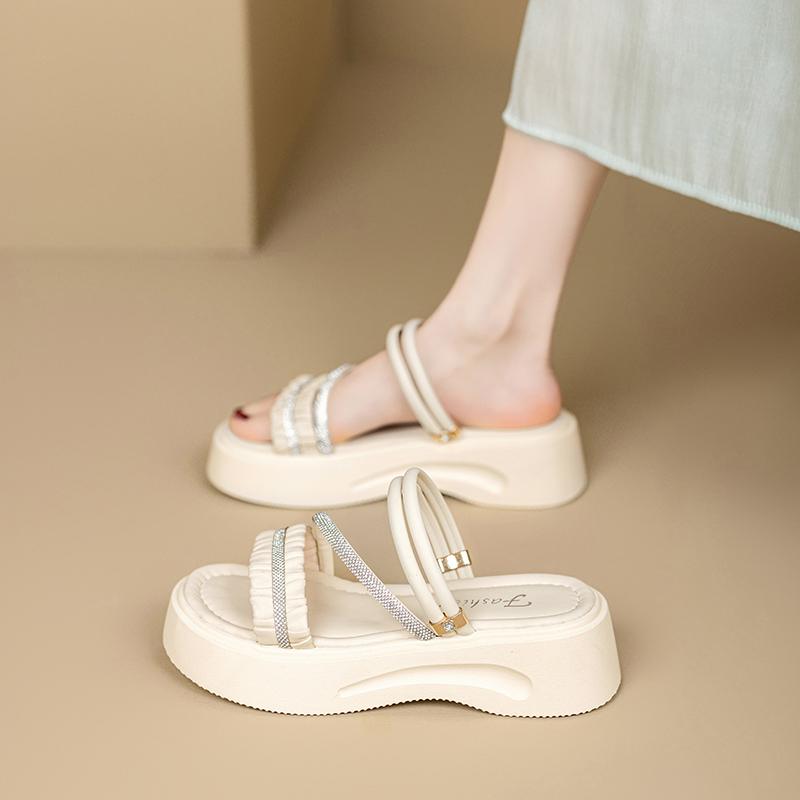 

Fashion 2025Summer New Pleated Pearl Female Slippers To Wear A Fashion with Thick Soles Sweet Wind Beach Two Wear Women s Shoes 35 белый