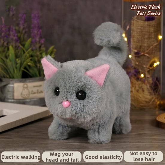 Kids Electric Plush Cat Toy Walking Head Shaking Tail Wagging Interactive Kitten Plushie Toy Toddlers Boys Girls Educational Simulation Animal Toy