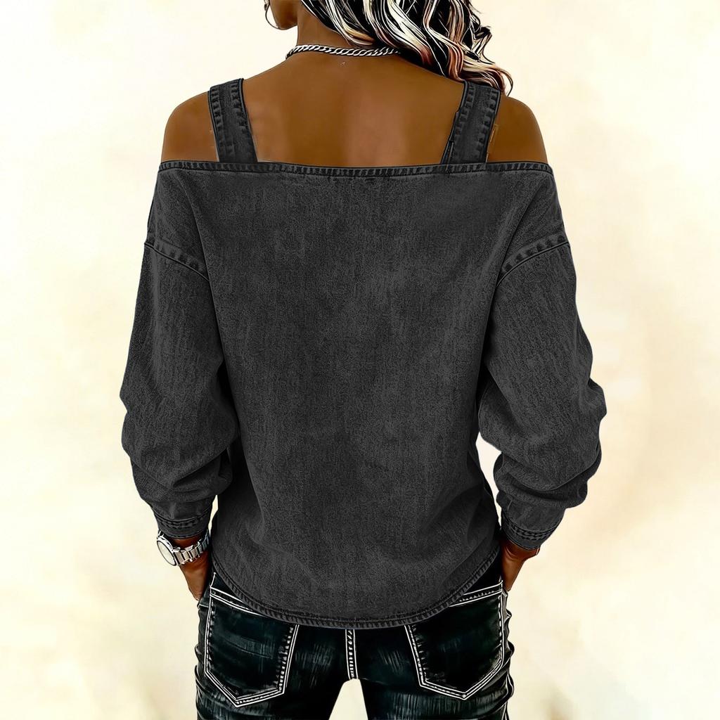 Women's Elegant And Versatile Off-the-shoulder Long-sleeved Top With Shoulder Straps.