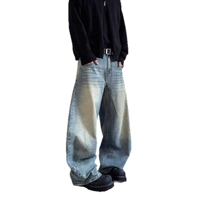 New men's jeans American retro scimitar pants loose wide-leg washed trousers personalized folds old pants