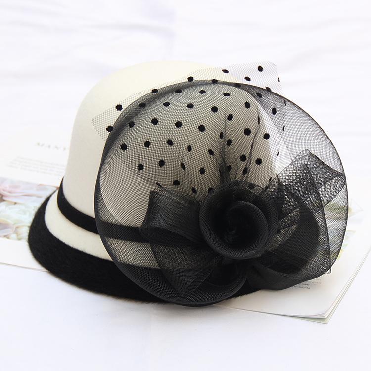 Autumn And Winter Woolen Hat Mesh Flower Women Versatile Basin Hat Bucket Hat British Retro Wedding Fashion Top Hat