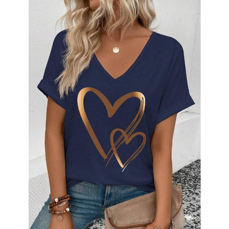 Casual Women's V-neck T-shirt T-shirt Summer Outdoor Fashion Short Sleeve Simple Pattern Printed Versatile Size Women's Clothing