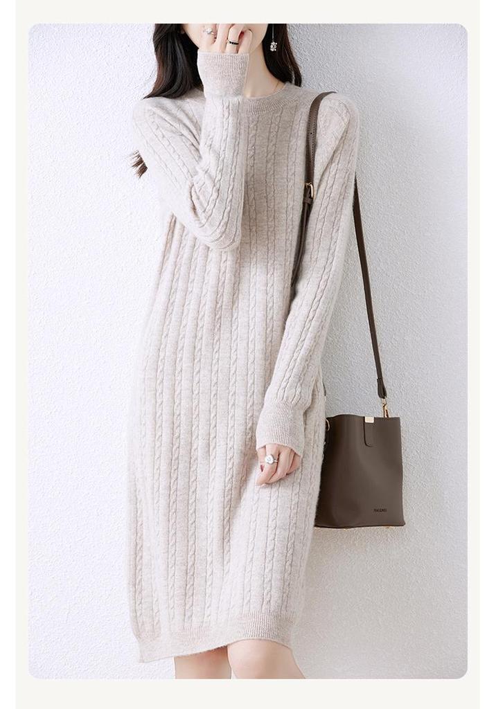 2023 Women's Mid-Length Merino Wool Sweater Dress - Round Neck, Long Sleeve Knitwear for Autumn and Winter