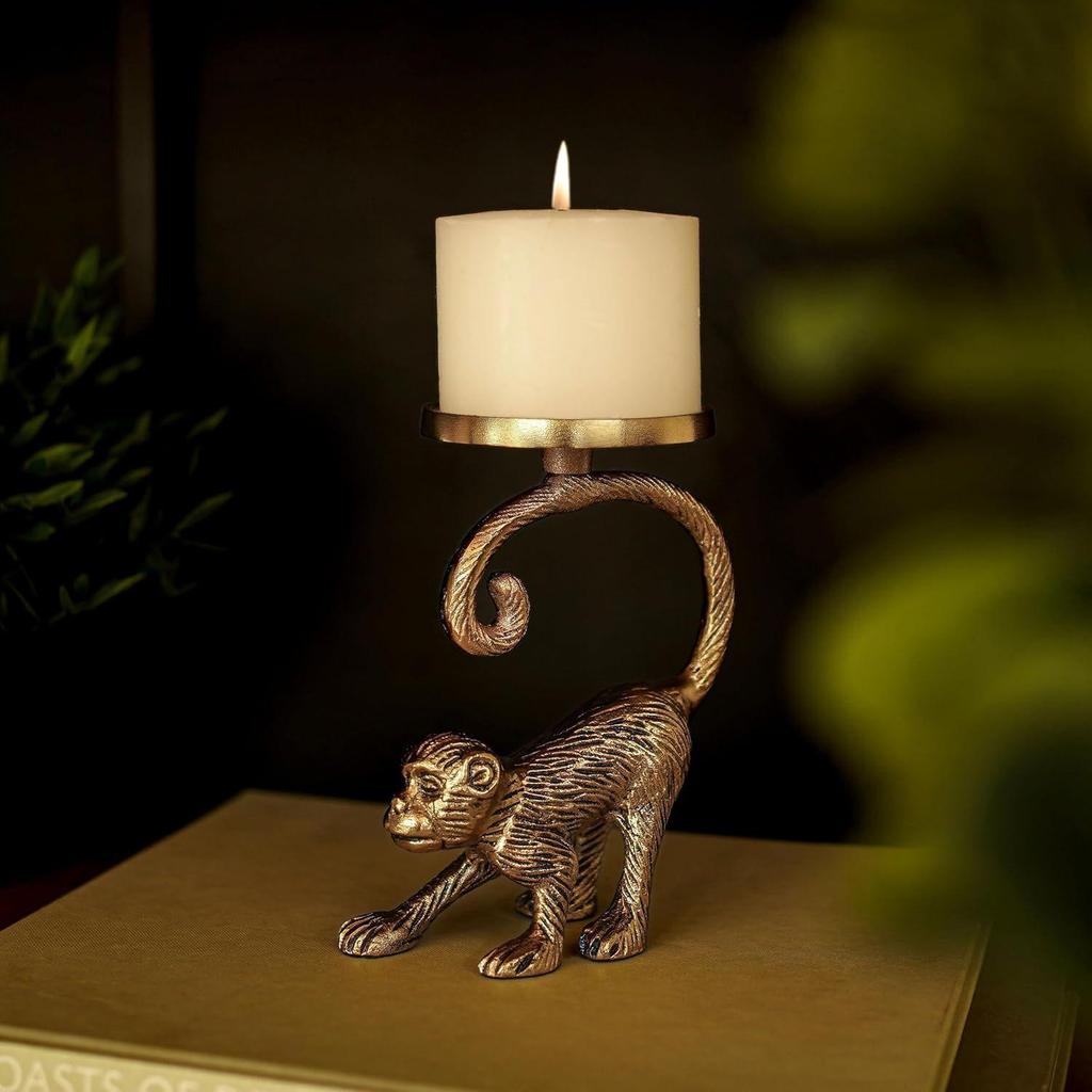 Metal Monkey Pillar Candle Holder Stand for Home Decor | Tabletop Showpiece in Aluminium with Brass Finish