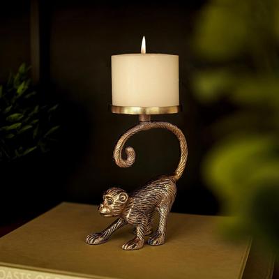 Aluminium Monkey Pillar Candle Holder for Home Decor | Tabletop Showpiece for Gifting – Gold (Candle Not Included)