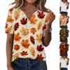 Damen Casual Kurzarm V-Ausschnitt T-Shirt mit Blattdruck und Zierknöpfen