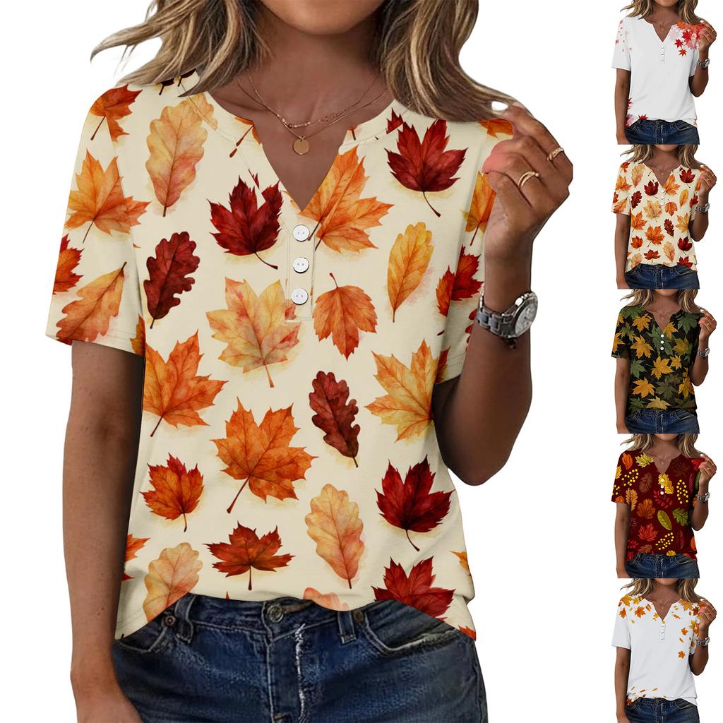 Women's Casual Short Sleeve V-Neck T-Shirt with Leaf Print and Decorative Buttons