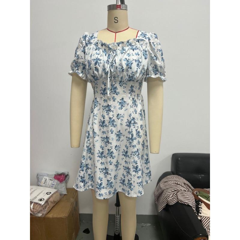 Square Collar Summer Puff Short Sleeve Floral Dress Fashion Elegant Slim Fit A-line Party Short Dress Female Casual Sweet Holiday Clothing