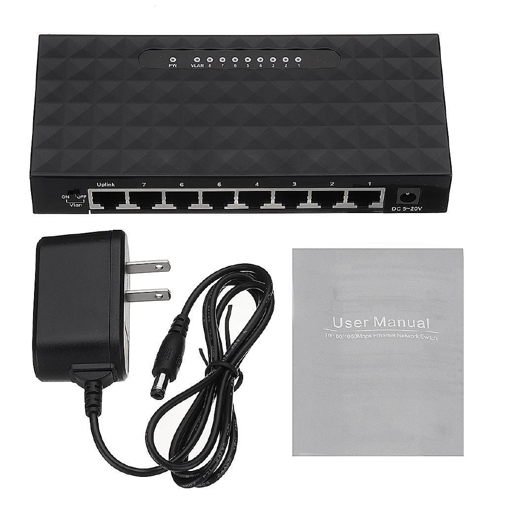 5V 10/100Mbps 8 Ports Gigabit Ethernet Network Switch Internet Hub with Power Adapter for TV Computer Games Black