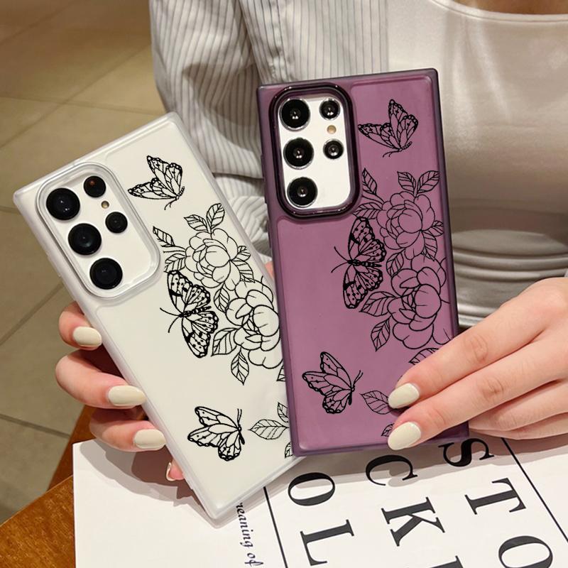 

For Samsung Galaxy S24 S22 Ultra Plus S23 S21 S20 Fe A54 A53 A52 A34 5g Butterfly Flower Soft Silicone Clear Square Slim Shockproof Case Cover Samsung S24 чёрный