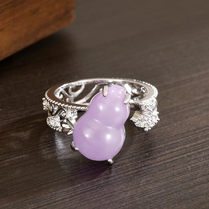 Elegant Jade Purple Gourd Fu Lu Ring: Adjustable Women's Ring with Diamond Accents In New Chinese Style