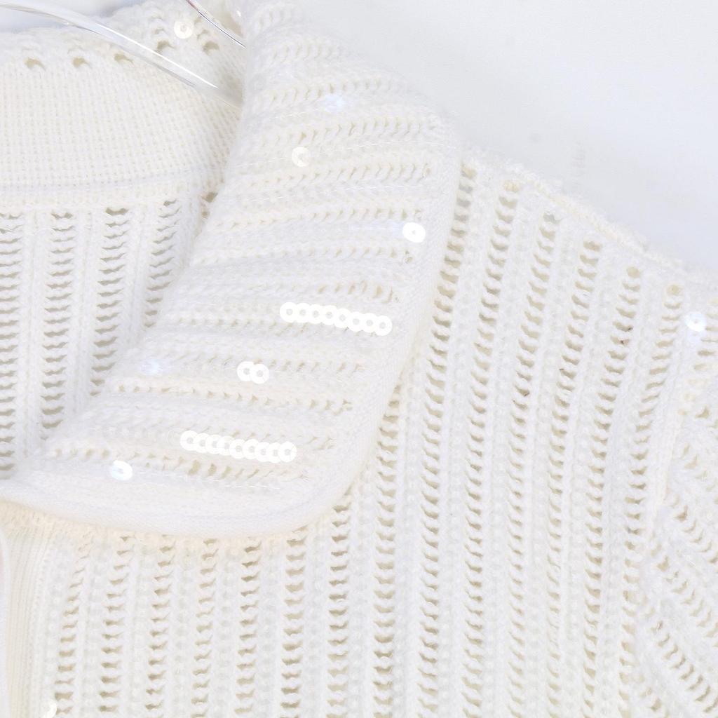 Women's French Sequin Lapel Cardigan & A-line Skirt Set with Metal Buckle and Hollowed Short Sleeves