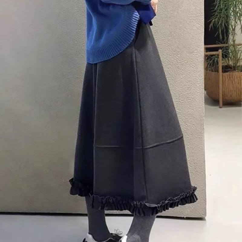 Fustă Lână Culoare Solidă Potrivită cu Orice Stil Femei Toamnă Iarnă Nouă Talie Înaltă Largă Slim A-line Fustă Amplă