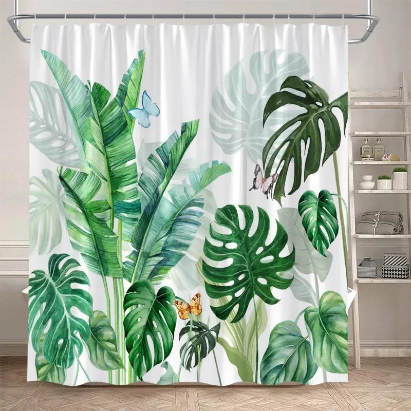 Leaves Shower Curtain Green PTropical alm Leaf Monstera Plant Bath Curtains Set Polyester Fabric Home Bathroom Decor with Hooks