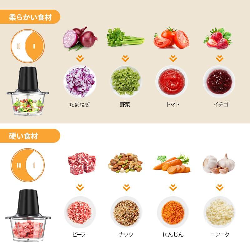 TOAKELI Electric Food Processor with 2L Large Capacity and 500W High Power, 2-Speed, 4-Blade Cutter, Mincer, Mincer for Meat, Crush Ice, Blender, Baby