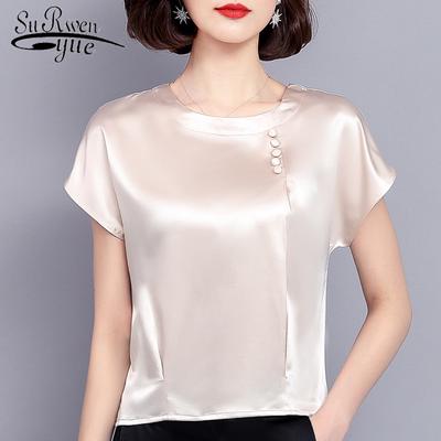 Moda Şifon Bluz Kadın Rahat Kısa Kollu Saten Gömlek Yaz Üstleri Katı Ipek Artı Boyutu Şifon Gömlek Kadın